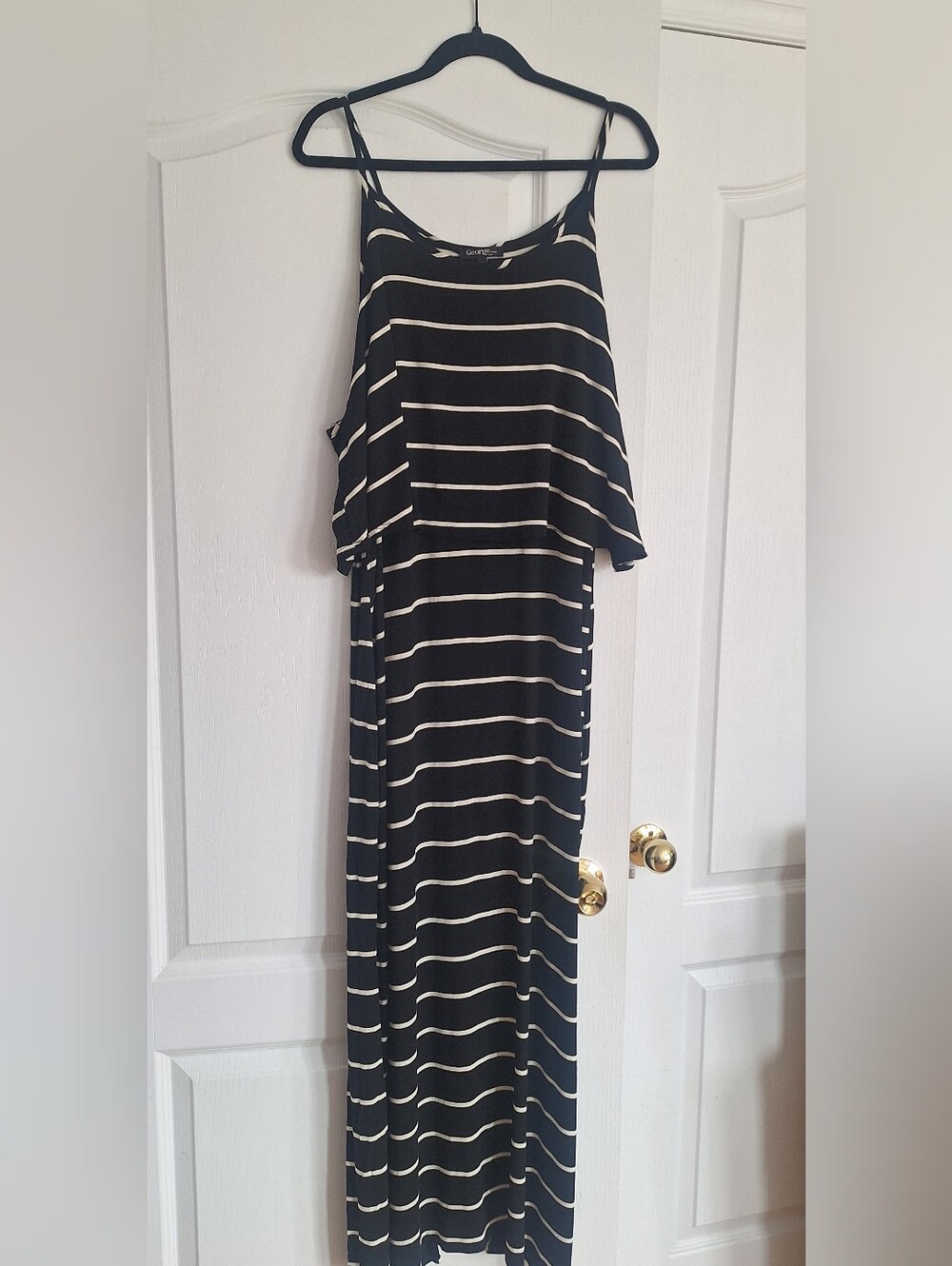 George Black and Cream Striped Cold-Shoulder Maxi Dress